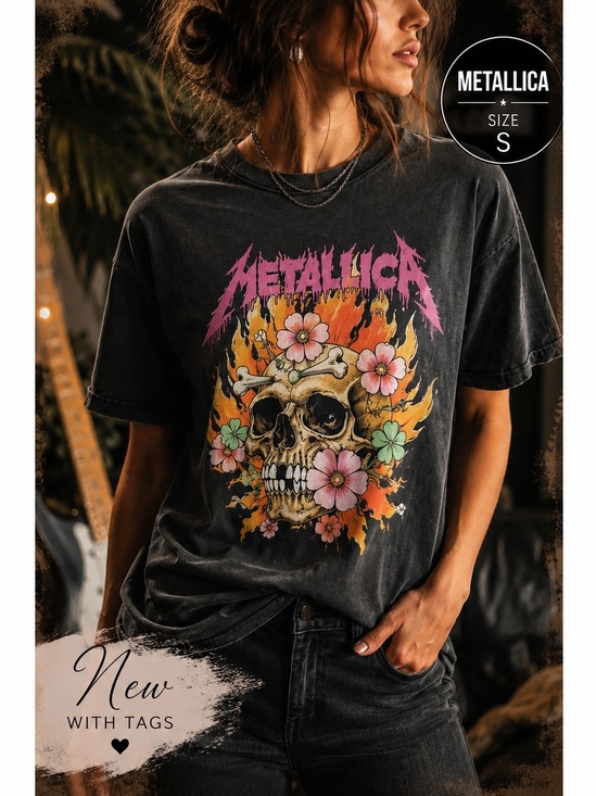 Metallica Tops - Metallica Skull Floral Graphic Band Tee NWT Sz. S Rock Heavy Metal 100% Cotton